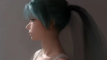 HD desktop wallpaper featuring an anime-style side profile of Hatsune Miku with aqua hair in a ponytail, set against a neutral background.