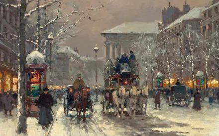 A serene winter scene featuring horse-drawn carriages and pedestrians in a snowy city street, beautifully rendered in an artistic painting style. This HD wallpaper adds charm to any desktop.