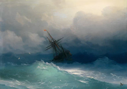 Artistic painting of a ship battling a stormy sea, captured in high-definition for a dramatic PC desktop wallpaper and background.