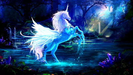 HD desktop wallpaper of a fantastical scene featuring a glowing, winged unicorn in a magical forest under moonlight.
