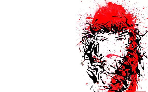 Stylized comic-art portrait of Elektra (Marvel) in red and black ink splatters against white, HD PC desktop wallpaper/background.