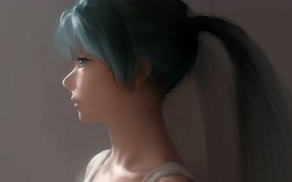 HD desktop wallpaper featuring an anime-style side profile of Hatsune Miku with aqua hair in a ponytail, set against a neutral background.