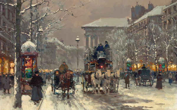 A serene winter scene featuring horse-drawn carriages and pedestrians in a snowy city street, beautifully rendered in an artistic painting style. This HD wallpaper adds charm to any desktop.
