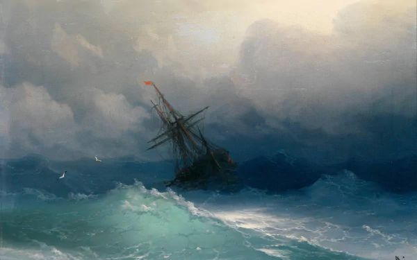 Artistic painting of a ship battling a stormy sea, captured in high-definition for a dramatic PC desktop wallpaper and background.