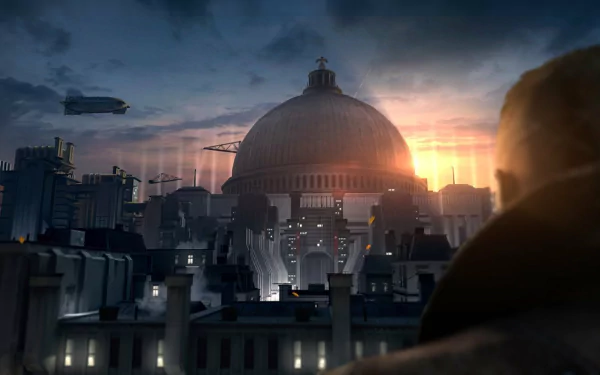 HD PC desktop wallpaper from the video game Wolfenstein: The New Order — silhouetted figure overlooking a dystopian cityscape with a domed building at sunset.