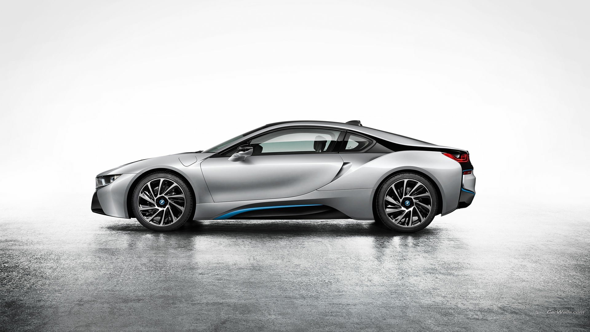 Silver BMW i8 side profile on a reflective floor with a clean white backdrop — HD PC desktop wallpaper/background.
