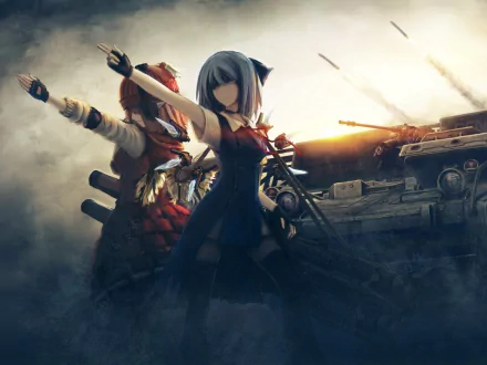 HD desktop wallpaper featuring Cirno and Reimu Hakurei from Touhou, poised dynamically against a dramatic backdrop of a war-torn landscape at sunset.