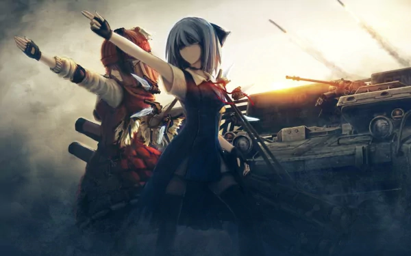 HD desktop wallpaper featuring Cirno and Reimu Hakurei from Touhou, poised dynamically against a dramatic backdrop of a war-torn landscape at sunset.