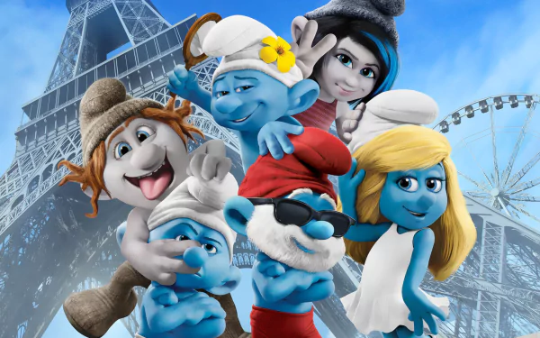 A vibrant HD wallpaper featuring characters from The Smurfs 2 against a backdrop of the Eiffel Tower, showcasing the charming blue Smurfs in a whimsical scene.
