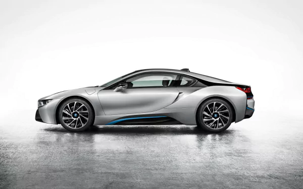 Silver BMW i8 side profile on a reflective floor with a clean white backdrop — HD PC desktop wallpaper/background.