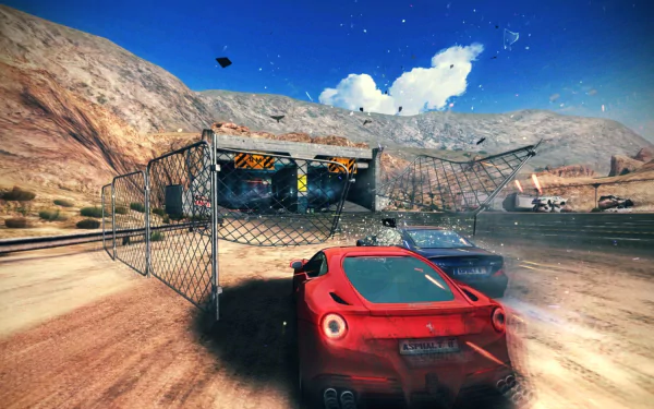 An intense scene from Asphalt 8: Airborne, featuring a red sports car racing against another vehicle, with dynamic graphics set against a stunning desert backdrop.