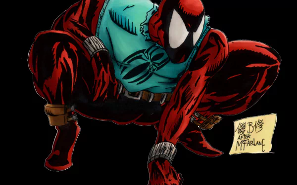 HD PC desktop wallpaper featuring a dynamic comic-style illustration of Scarlet Spider in a crouching pose against a black background.