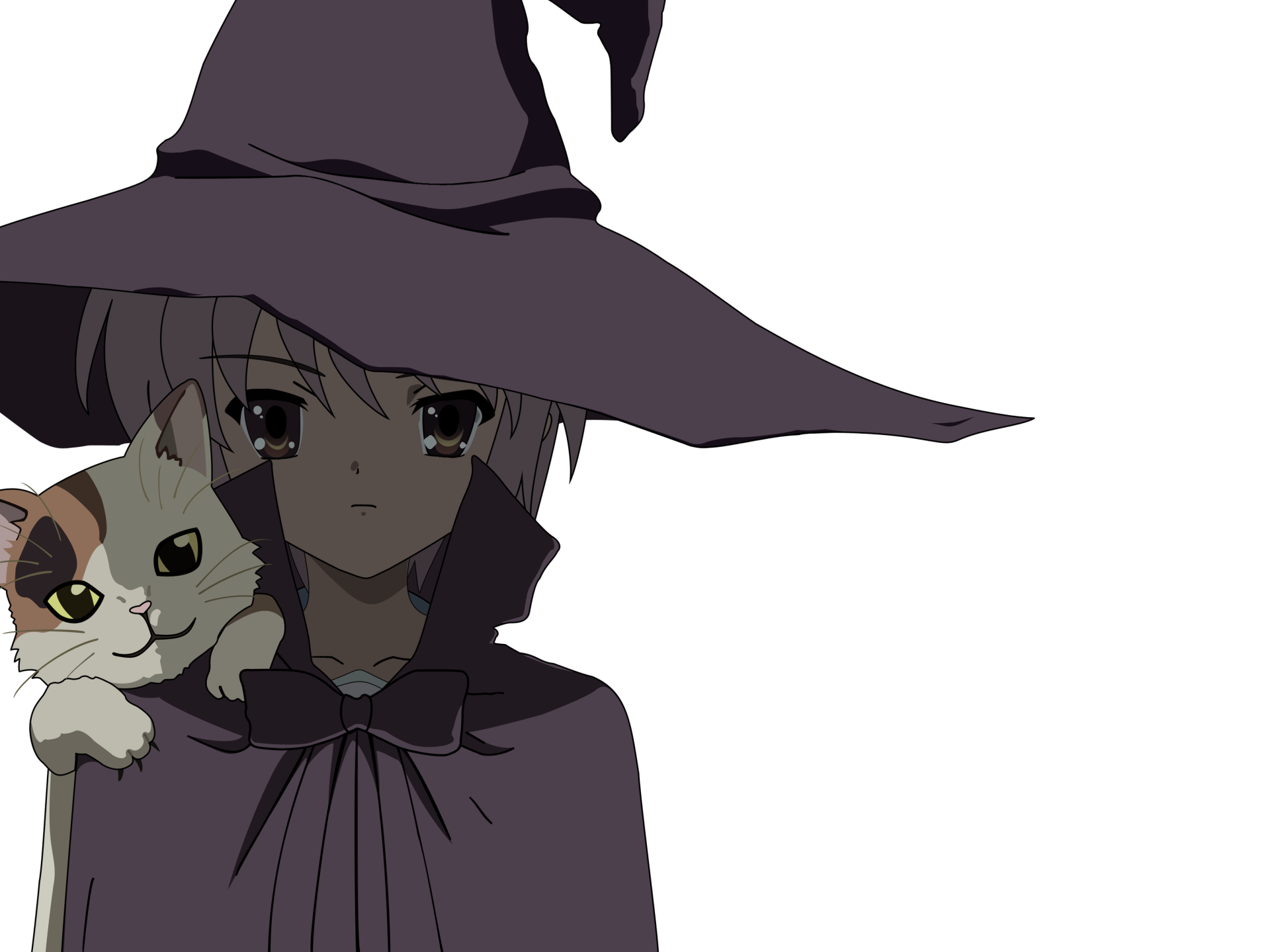 HD desktop wallpaper featuring Yuki Nagato from The Melancholy of Haruhi Suzumiya dressed as a witch with a cat on her shoulder, holding a shamisen.