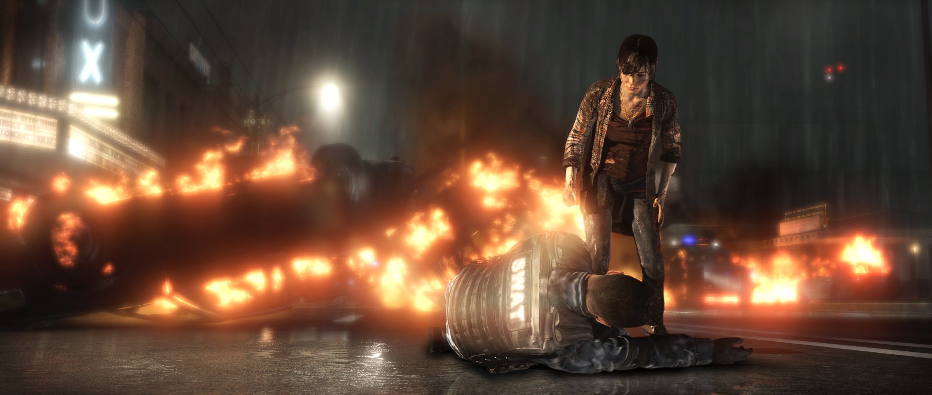 4K Ultra HD PC desktop wallpaper background: rainy night scene from the video game Beyond: Two Souls — a woman stands over an injured person amid burning wreckage and wet reflections.