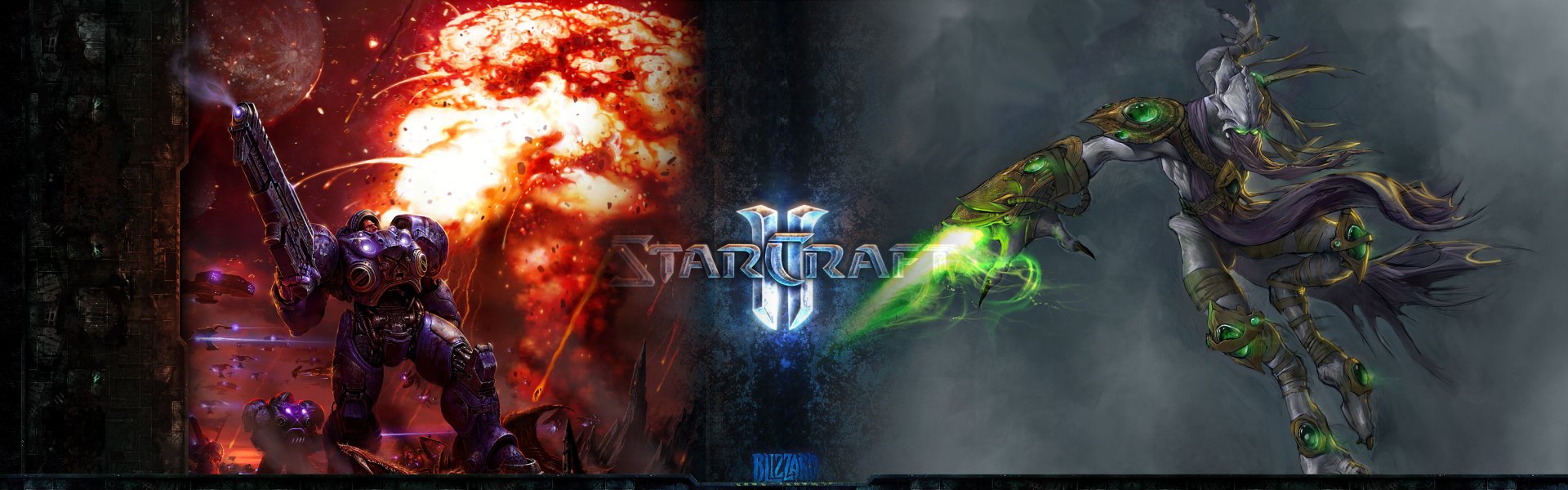 HD PC desktop wallpaper featuring intense Starcraft II battle imagery, with fiery explosions on the left and a glowing alien arm on the right.