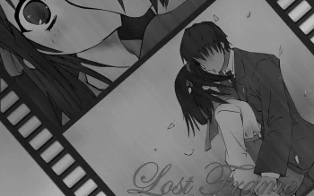 HD PC desktop wallpaper of Kyon and Haruhi Suzumiya from The Melancholy of Haruhi Suzumiya — anime filmstrip collage showing an intimate embrace and a close-up portrait.