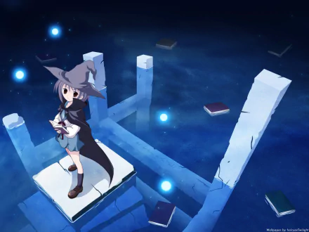 HD anime desktop wallpaper featuring Yuki Nagato from The Melancholy of Haruhi Suzumiya, standing on a glowing platform surrounded by floating books and blue orbs in a night sky.