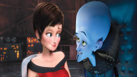 A colorful HD wallpaper featuring characters from the movie Megamind, showcasing an animated interaction between Megamind and a female character in a dynamic setting.