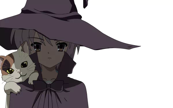 HD desktop wallpaper featuring Yuki Nagato from The Melancholy of Haruhi Suzumiya dressed as a witch with a cat on her shoulder, holding a shamisen.