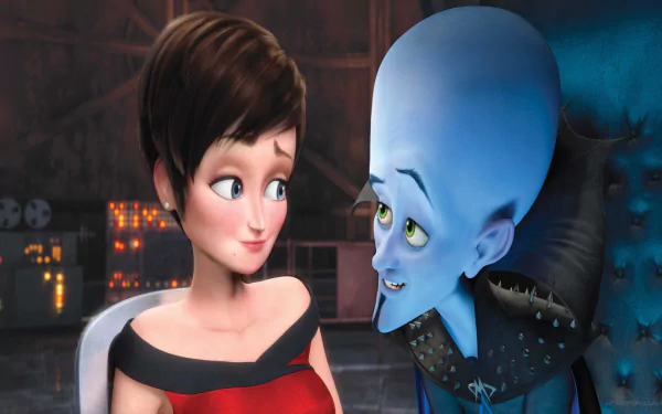 A colorful HD wallpaper featuring characters from the movie Megamind, showcasing an animated interaction between Megamind and a female character in a dynamic setting.