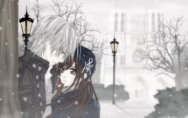 An atmospheric HD wallpaper from Vampire Knight, featuring a vampire and a girl in a snowy setting, framed by lampposts and bare trees, capturing a moment of intimacy.