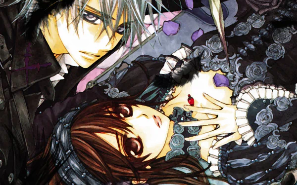 A captivating HD desktop wallpaper featuring characters from the anime Vampire Knight. The image showcases dramatic colors and intense expressions, embodying the series' gothic themes.