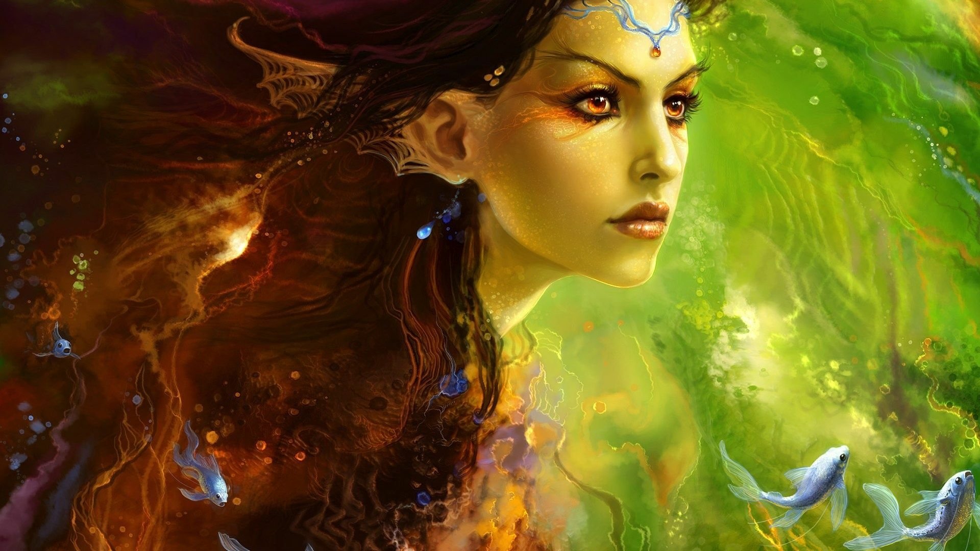 HD fantasy PC desktop wallpaper featuring a woman with flowing dark hair and golden eyes, set against a vibrant, green, mystical background.