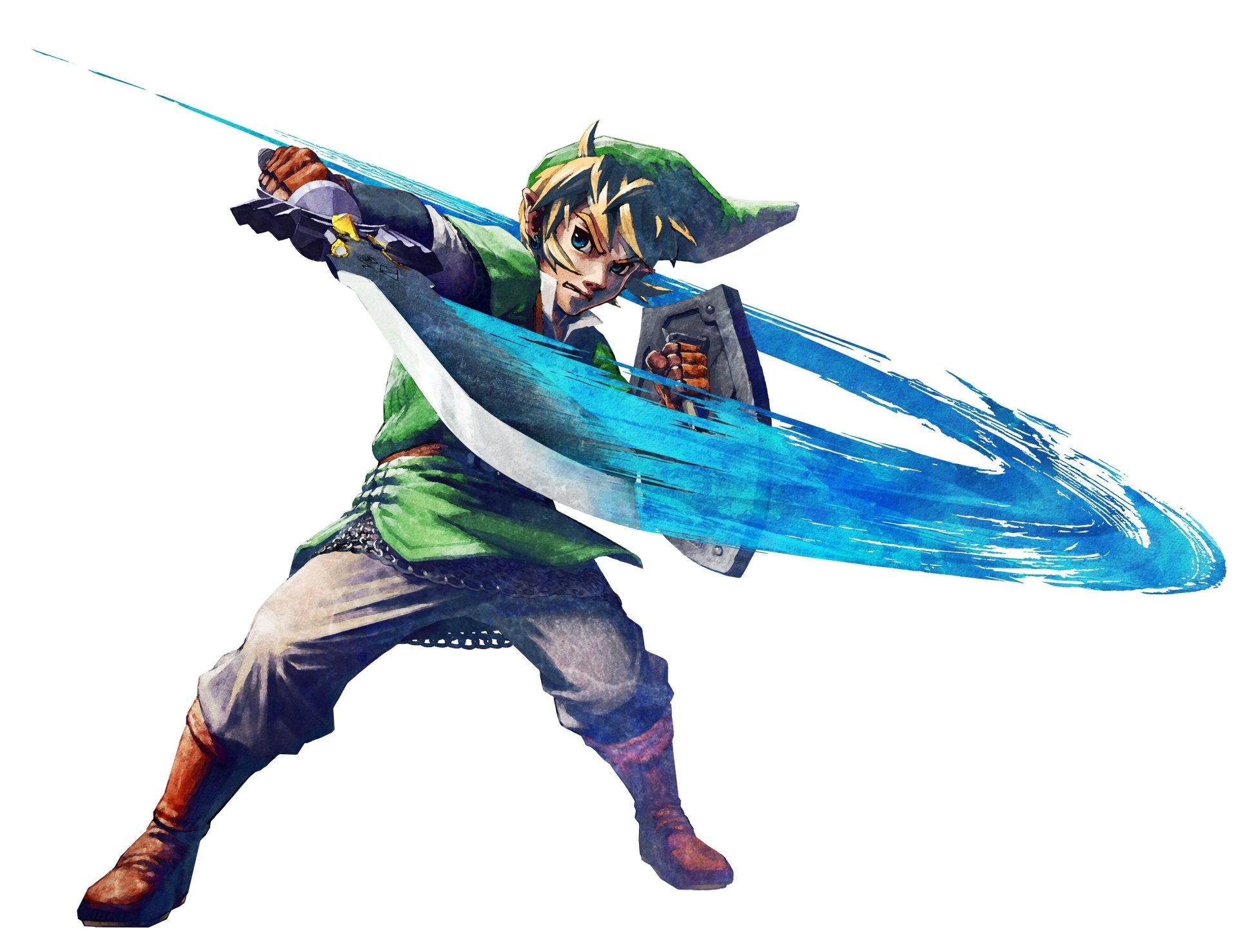 Link from The Legend of Zelda: Skyward Sword swings his sword with a dynamic blue energy trail in this 4K Ultra HD video game desktop wallpaper.