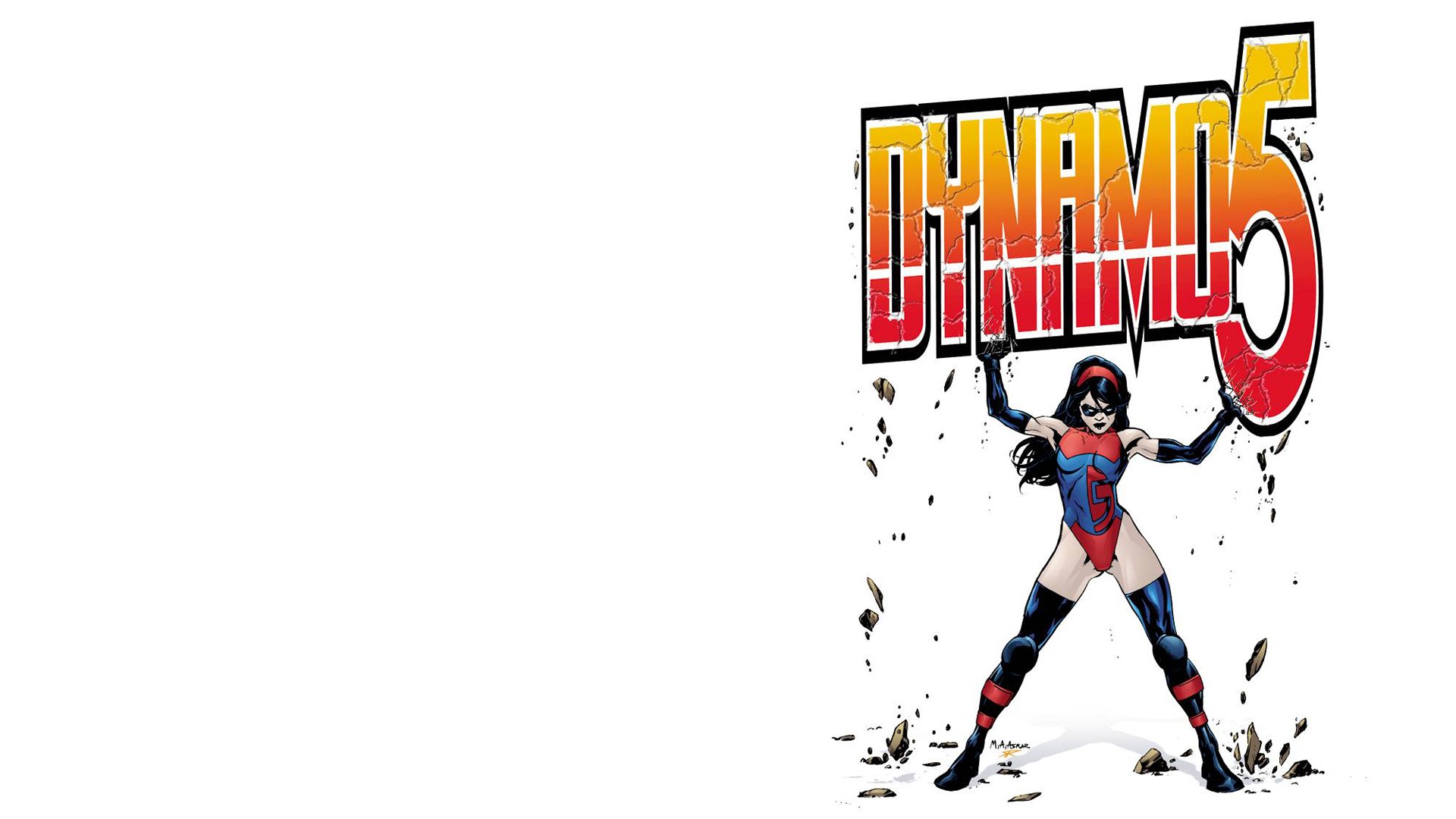 HD PC desktop wallpaper featuring a bold comic-style superhero from Dynamo 5 in a dynamic pose with the colorful Dynamo 5 logo above.