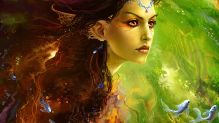 HD fantasy PC desktop wallpaper featuring a woman with flowing dark hair and golden eyes, set against a vibrant, green, mystical background.
