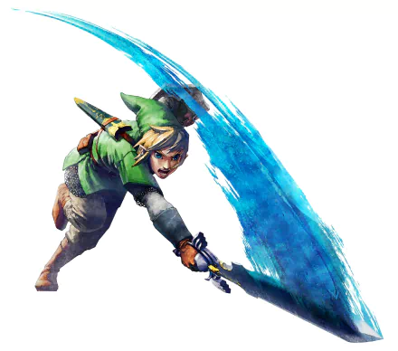 Link in green tunic from The Legend of Zelda: Skyward Sword lunges with sword as a blue energy arc trails behind—vibrant 4K Ultra HD PC desktop wallpaper/background.