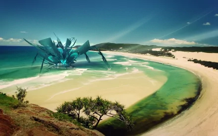 HD desktop wallpaper featuring a CGI sci-fi robot on a tropical beach with a clear blue sky and serene ocean waves in the background.