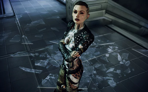 HD PC desktop wallpaper featuring Jack from the video game Mass Effect 3, showcasing her intense expression and detailed outfit in a futuristic setting.