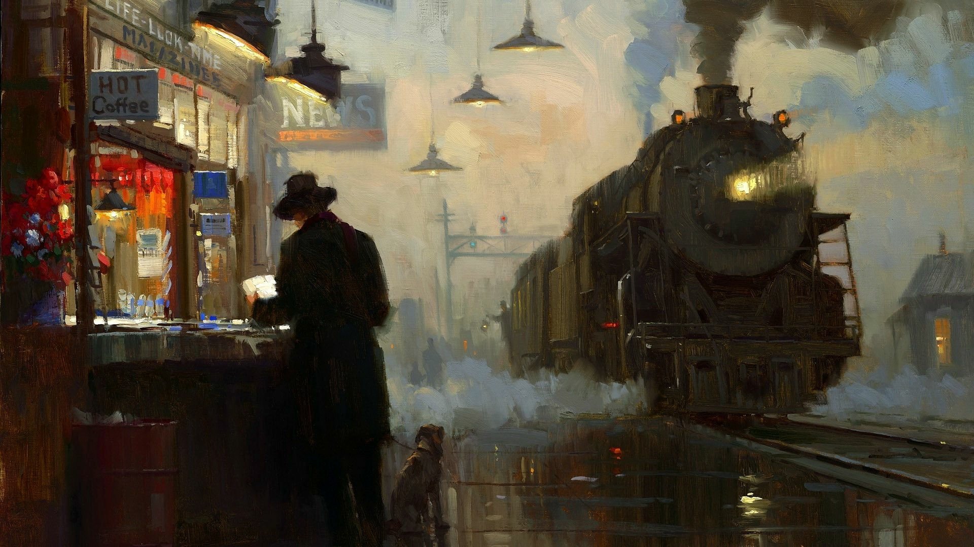 Artistic painting of a steam locomotive arriving at a foggy station, with a figure reading a newspaper under glowing lamps, presented as an HD PC desktop wallpaper.