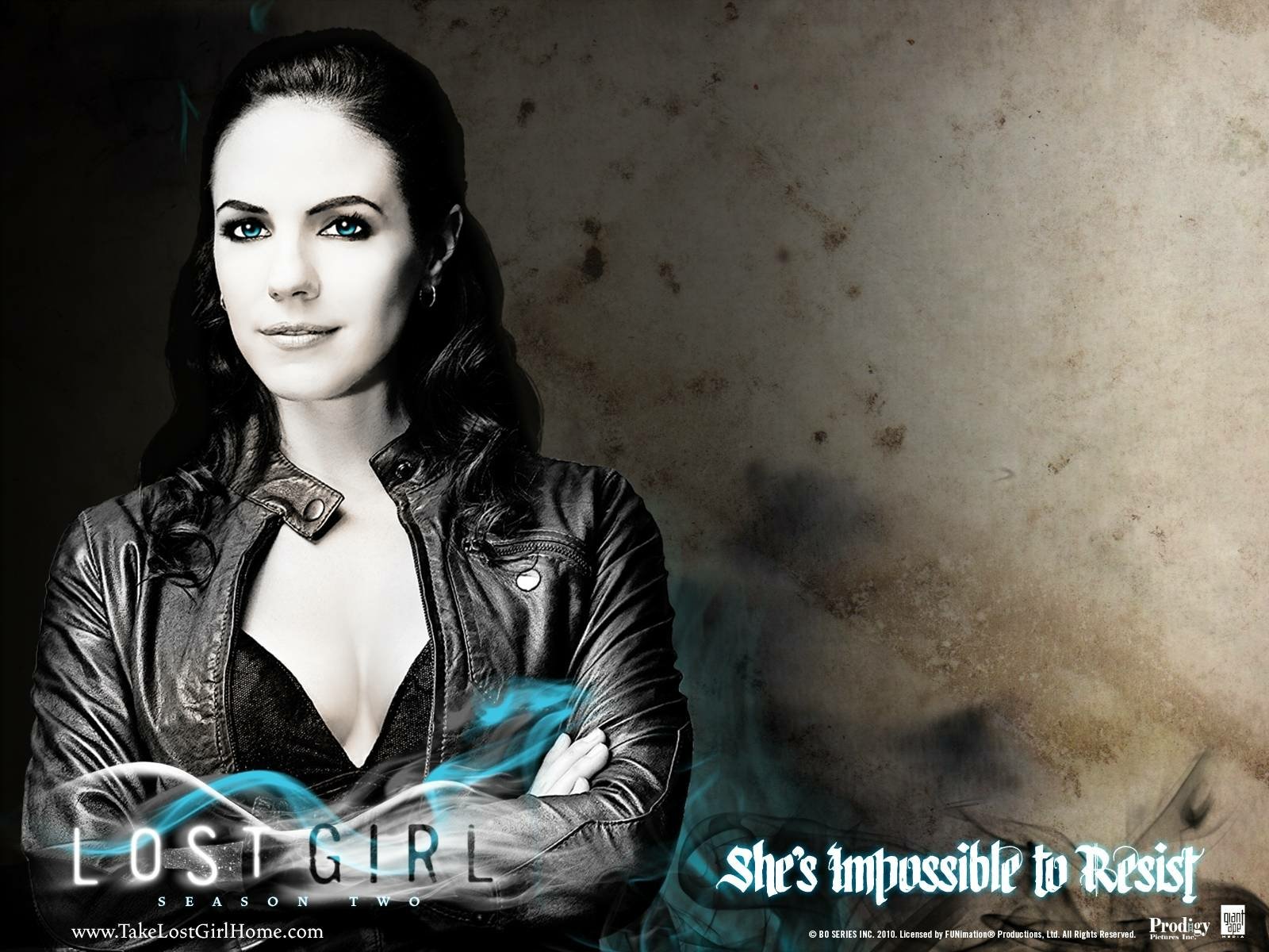 A striking HD wallpaper from Lost Girl, featuring a confident character in a leather jacket against a textured background. The design highlights the show's mysterious allure.