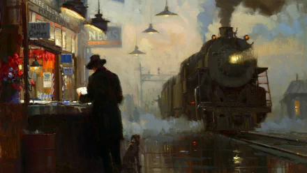 Artistic painting of a steam locomotive arriving at a foggy station, with a figure reading a newspaper under glowing lamps, presented as an HD PC desktop wallpaper.