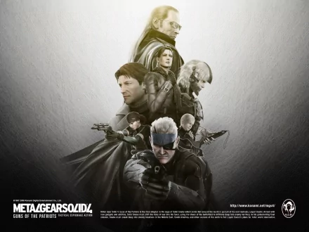HD desktop wallpaper of Metal Gear Solid 4: Guns of the Patriots featuring key characters in an action-packed composition.