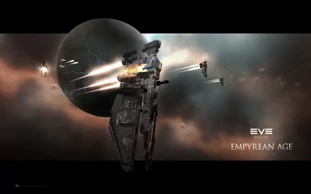 A dramatic HD wallpaper depicting spacecraft from EVE Online, featuring a large battleship engaged in action with smaller ships against a cosmic backdrop.