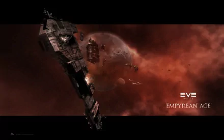 A stunning HD desktop wallpaper from EVE Online: Empyrean Age, featuring a dramatic space scene with a colossal spaceship against a vivid, cosmic backdrop.