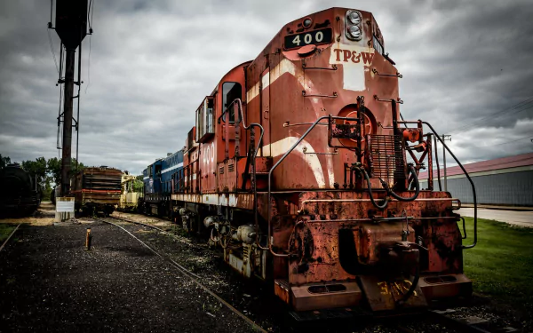 HD desktop wallpaper featuring a vivid image of a red and weathered TP&W train locomotive parked on tracks under a cloudy sky.