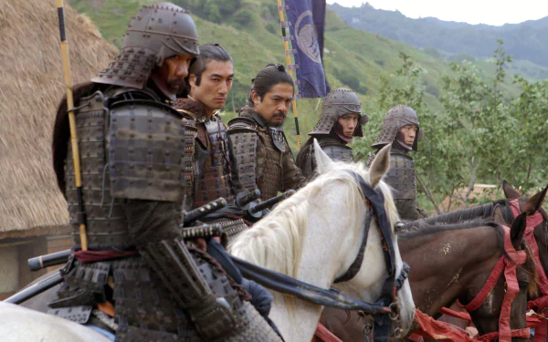 HD PC desktop wallpaper featuring a scene from the movie The Last Samurai with armored samurai warriors on horseback in a rural landscape.