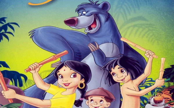 An HD jungle-themed desktop wallpaper featuring characters from the 1967 movie The Jungle Book, showing an animated bear with three children in a vibrant jungle setting.