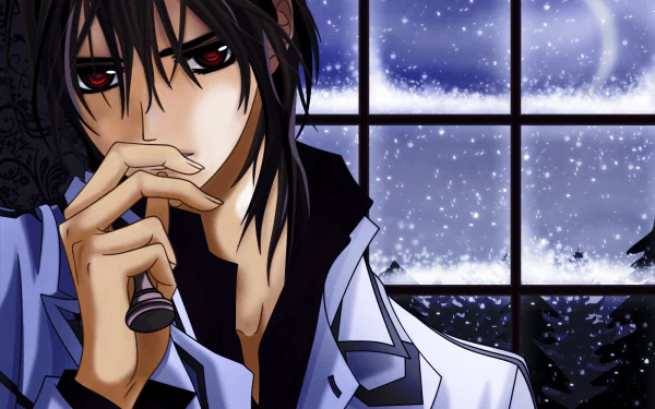 A dark-haired character with striking red eyes holds a hand to his mouth, set against a snowy window backdrop, capturing the allure of Vampire Knight in this HD anime wallpaper.