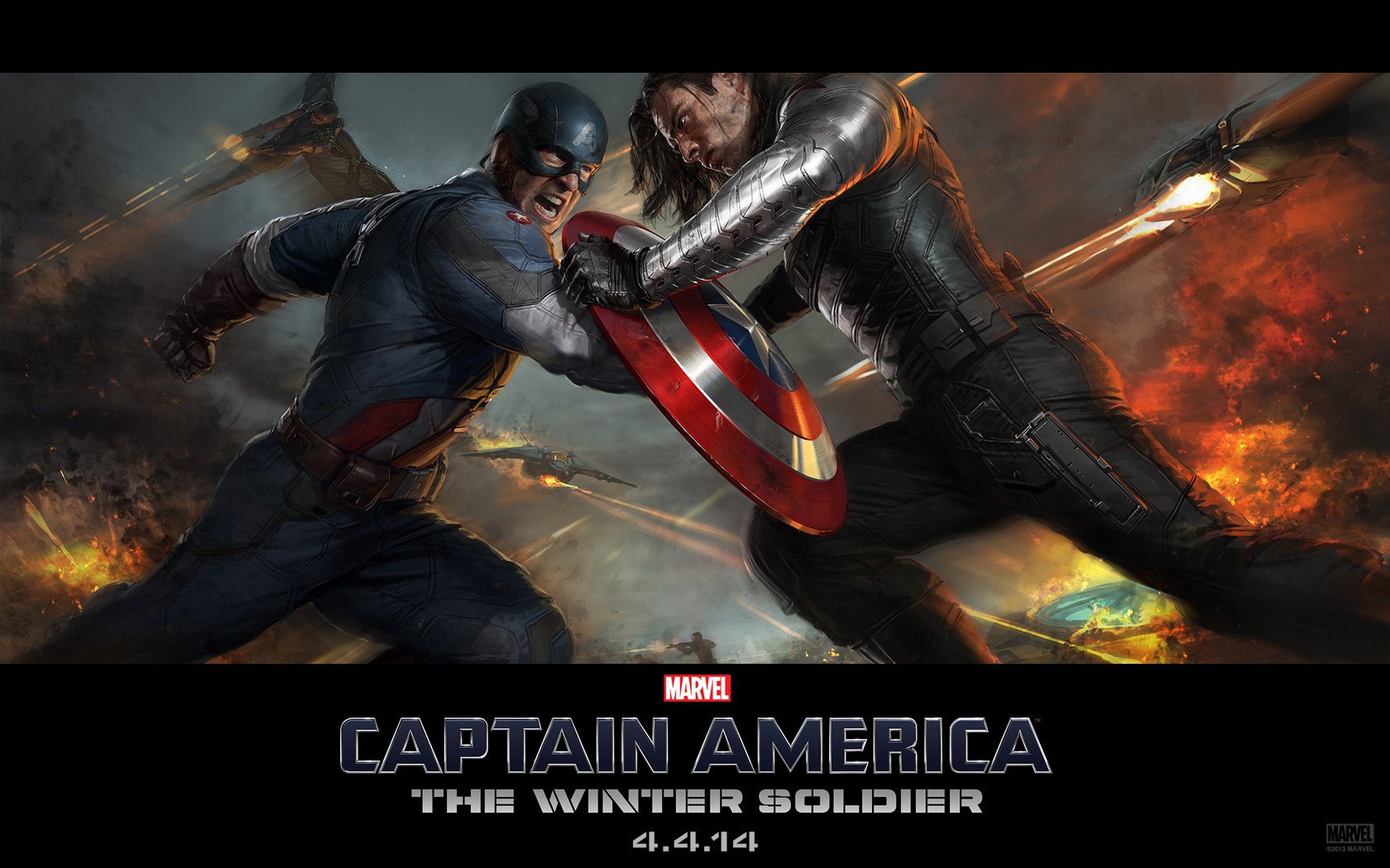 Captain America confronts the Winter Soldier in this dynamic HD wallpaper from the movie Captain America: The Winter Soldier, showcasing intense action and dramatic visuals.