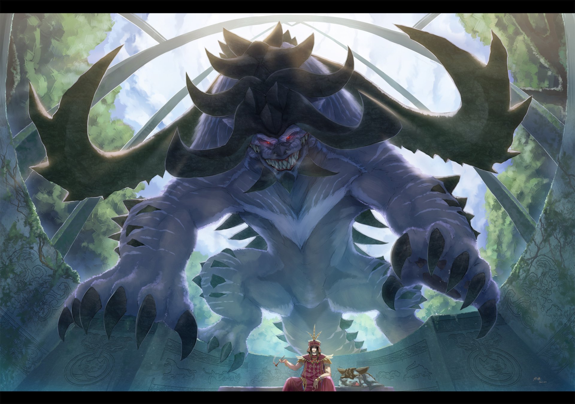 A fantastical creature looms ominously over a small figure in a mystical forest. This HD PC desktop wallpaper captures an epic fantasy scene filled with intrigue and adventure.