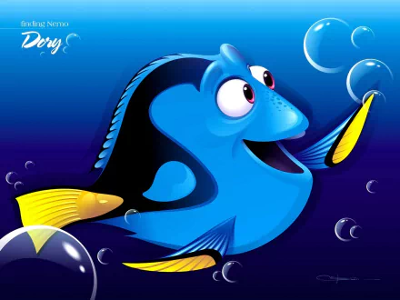 Vibrant HD wallpaper featuring Dory from *Finding Nemo* and *Finding Dory*, showcasing the cheerful blue fish surrounded by bubbles against a deep blue backdrop.