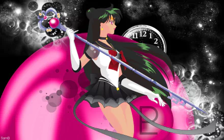 Sailor Pluto from Anime Sailor Moon stands confidently with her staff, set against a cosmic background featuring a pink gradient and a clock, creating a striking HD desktop wallpaper.