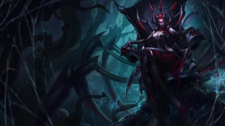 Elise, a character from League of Legends, sits confidently on a dark throne surrounded by eerie shadows and twisted vines, setting an atmospheric tone for this HD desktop wallpaper.