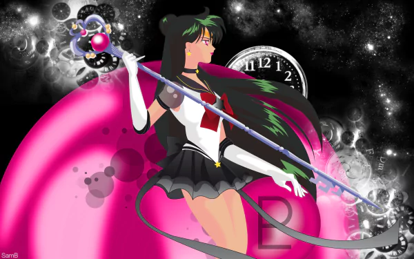 Sailor Pluto from Anime Sailor Moon stands confidently with her staff, set against a cosmic background featuring a pink gradient and a clock, creating a striking HD desktop wallpaper.