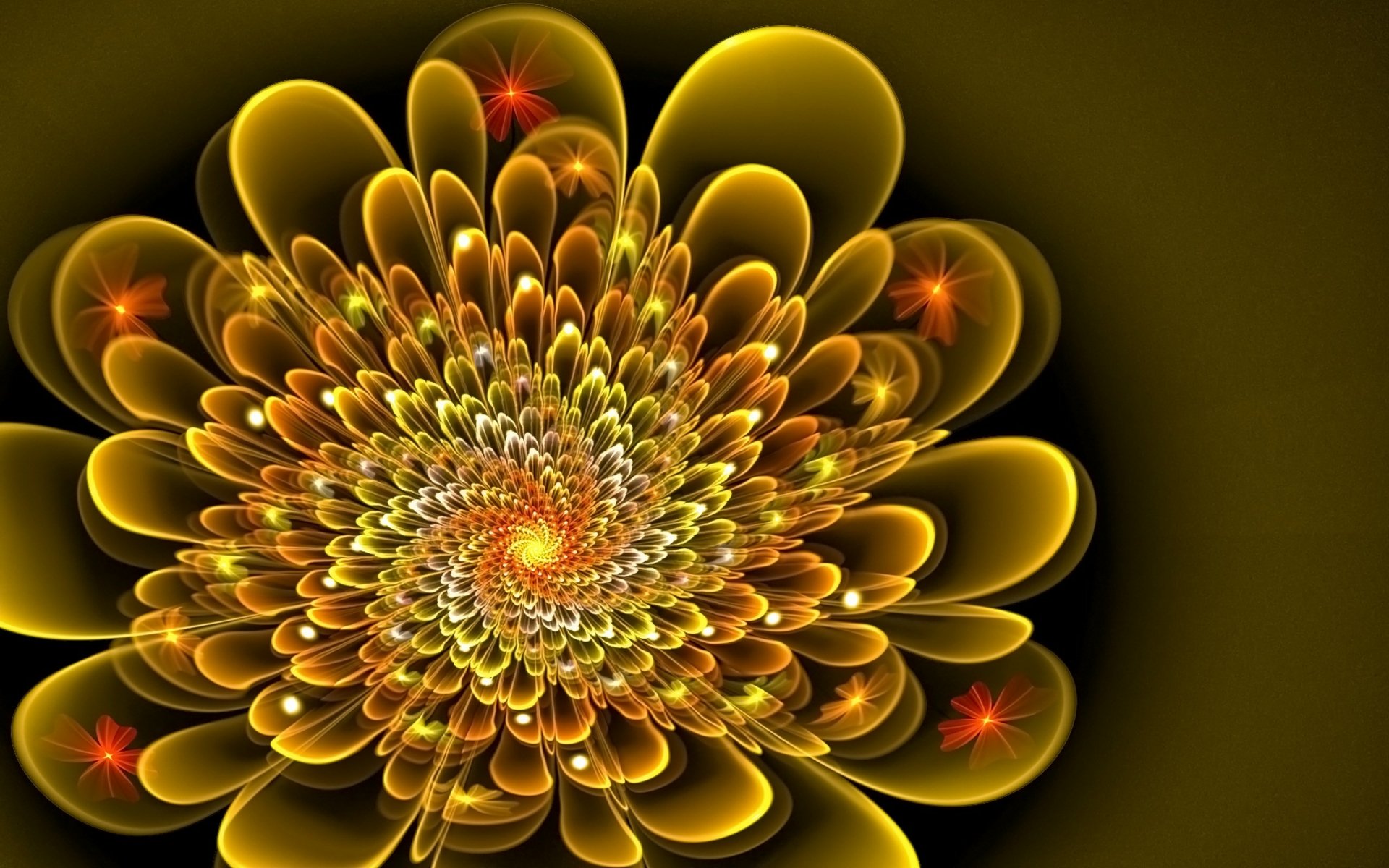 Abstract fractal 2K Quad HD desktop wallpaper: golden spiral flower of layered translucent petals with glowing amber centers on a deep olive background.